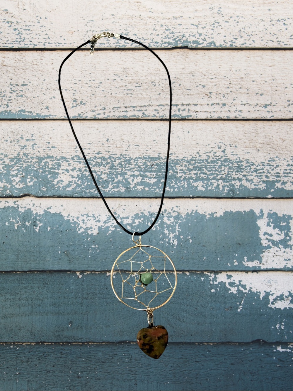 Dreamcatcher Heart Pendant Necklace in Black with Green Accent